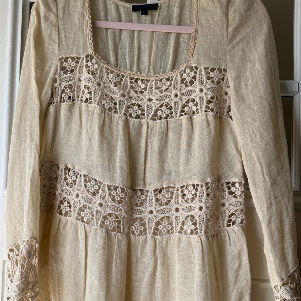 Fashion on the Run Lace Detail Boho Sheer Cotton/Linen Blend Shift Dress Size M